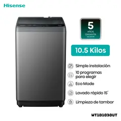 HISENSE - LAVADORA TAPA TRANSPARENTE 10.5 KG CARGA SUPERIOR GRIS - WT1D1030UT
