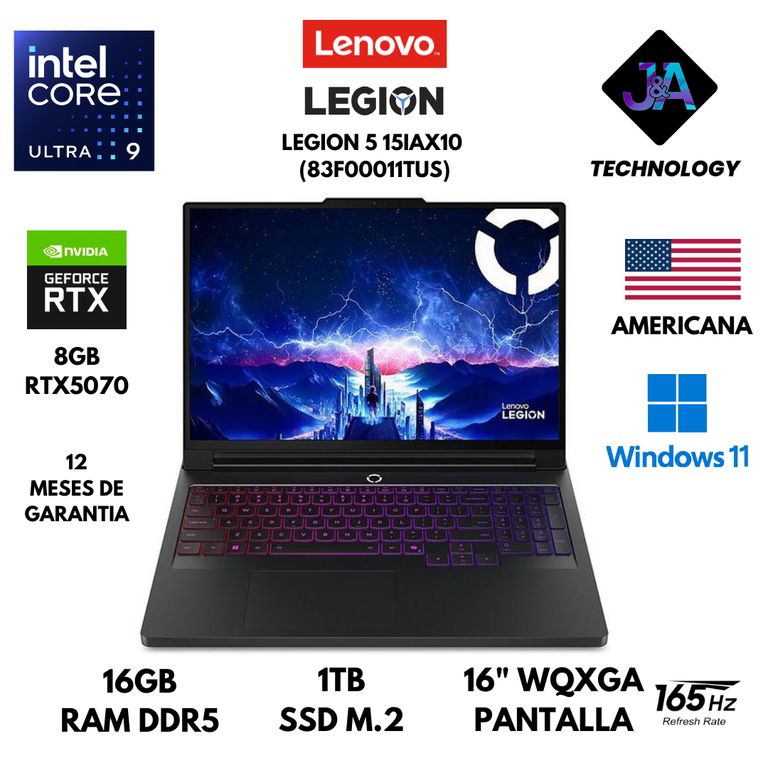 LAPTOP LEGION 5 16IAX10 ULTRA 9 275HX 16GB RAM 1TB SSD 8GB RTX5070 16" WINDOWS 11 AMERICANA