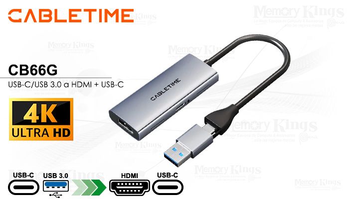 Capturador USB-C y USB-A a HDMI Cabletime CB66G 100W