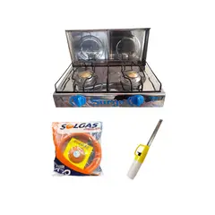 COCINAS SURGE - Cocina de mesa 2 hornillas a gas con tapa + Regulador Premium con manguera + Encendedor de cocina
