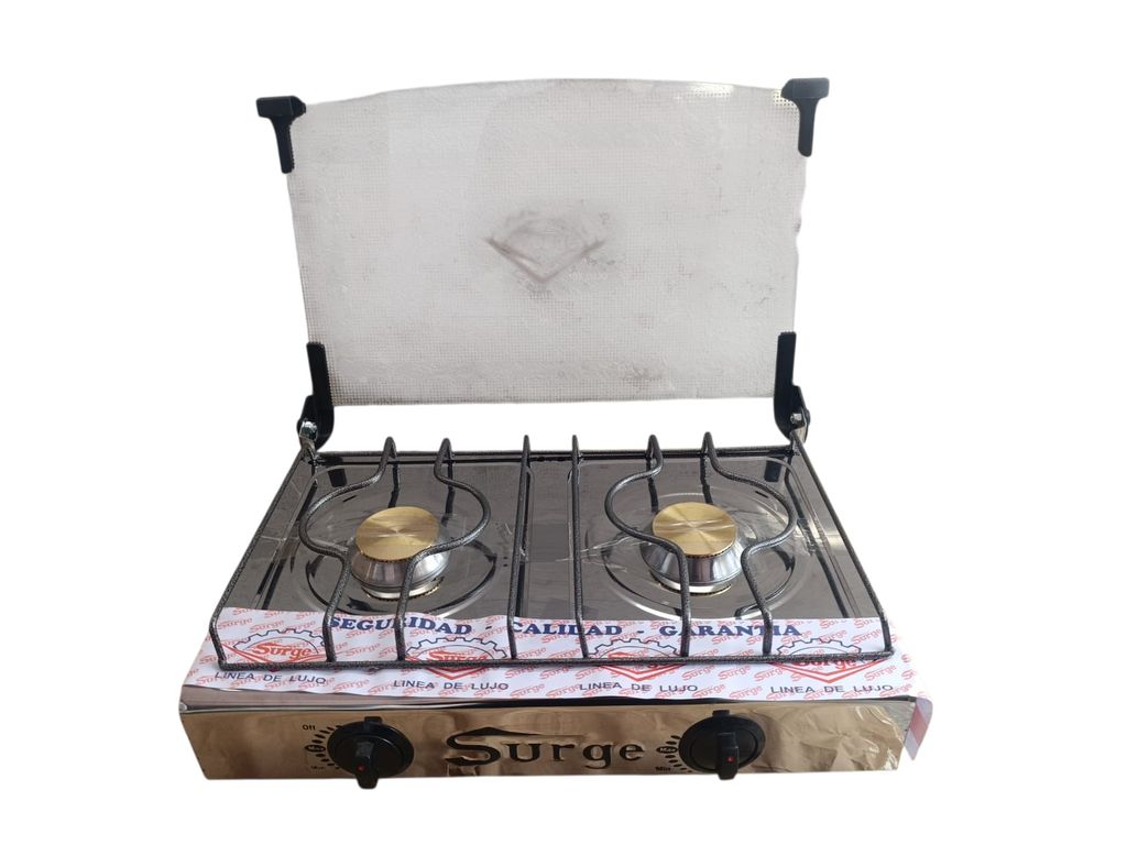 Cocina de mesa 2 hornillas de acero inoxidable con tapa de vidrio marca Surge