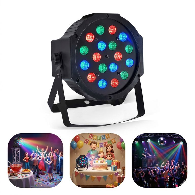 Iluminación LED Profesional 18 Luces RGB: Modo Audiorítmico y DMX512