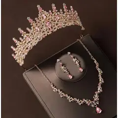 ARELYS - Set Corona Tiara Collar y Aretes Graduaciones Quinceañeros - Rosado