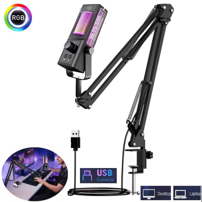 Microfono para Pc Laptop USB Gamer Luz RGB Dinamico Escritorio