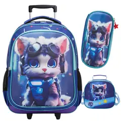GENERICO - MOCHILA ESCOLAR CON RUEDAS 3 EN 1 – DISEÑO GATO EN RELIEVE 3D CON LUCES