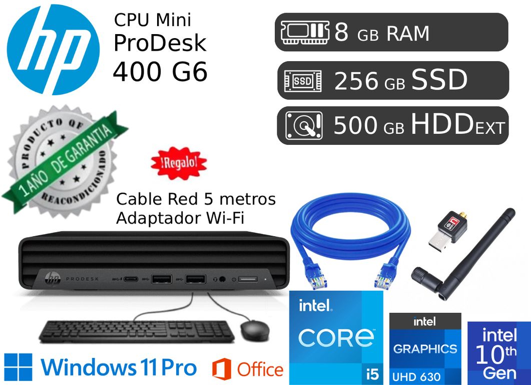 ProDesk Mini 400 G6 i5 10ma 8GB RAM 256GB SSD 500GB HDD EXT Reacondicionada 1 Año de garantía