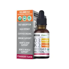 GENERICO - Vitamina D3 + K2 Líquida 5000 IU con Omega 3 y Aceite MCT 60 ml Sabor Fresa