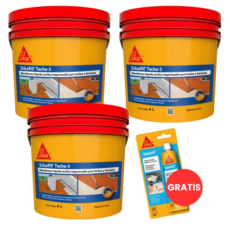Pack 3 Impermeabilizantes para techos gris x 4lt + Silicona para baño