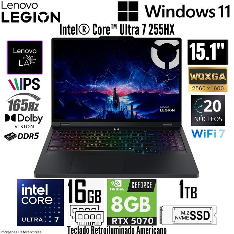 Laptop LEGION 5 15IAX10 Intel Core Ultra 7 255HX 16GB RAM 1TB SSD RTX 5070-8GB 15.1" WQXGA