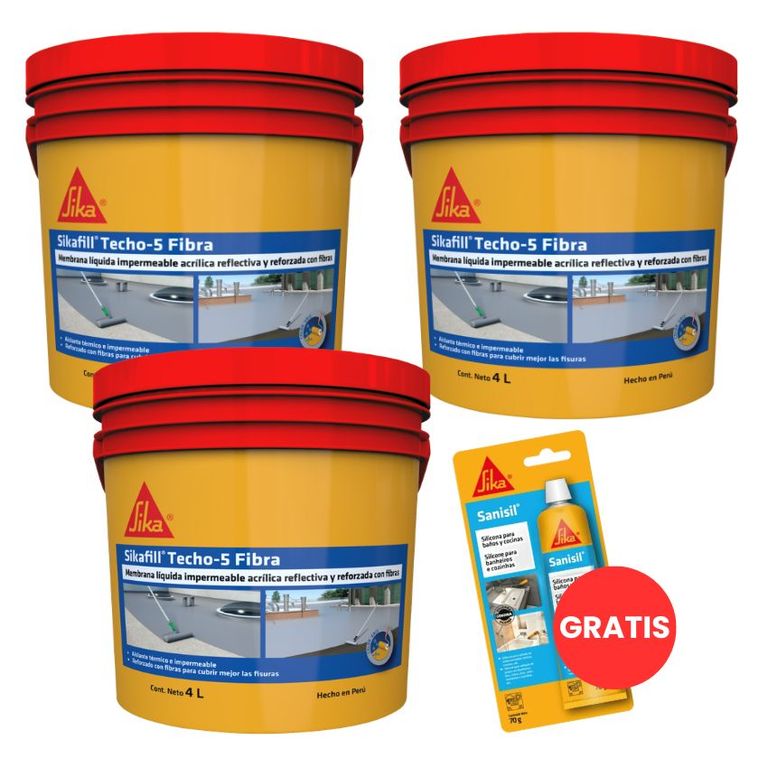 Pack 3 Impermeabilizantes para techos con fibra gris x 4lt + Silicona para baño
