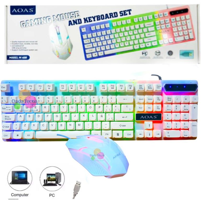 KIT Teclado Y Mouse Gamer Cable USB Pc Laptop Blanco Luz RGB M-400