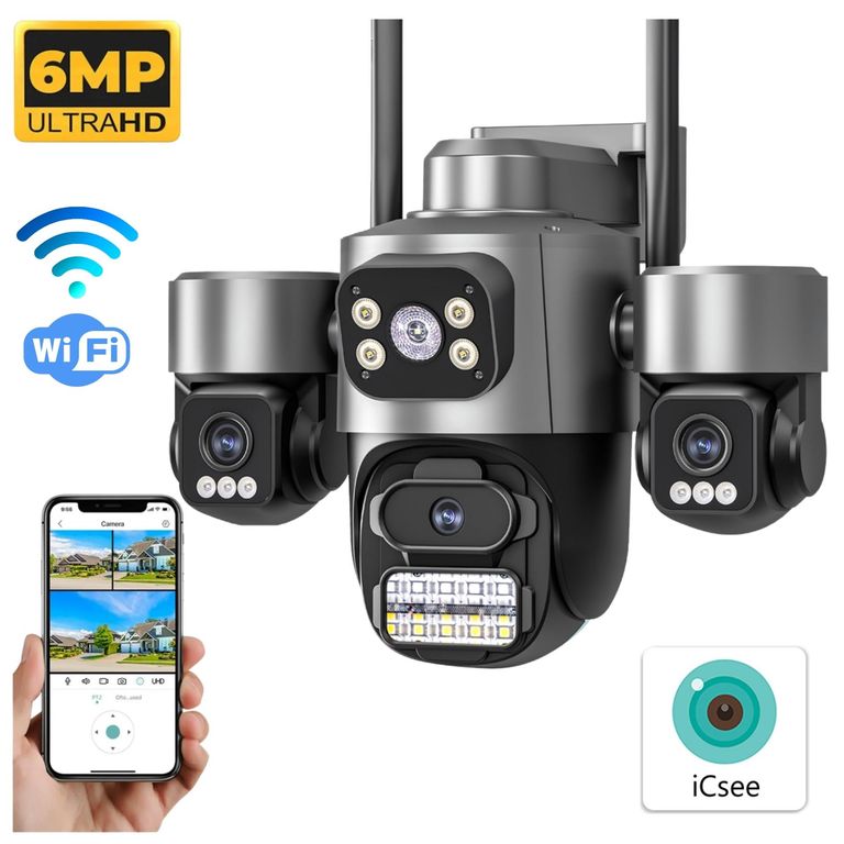 Cámara de Seguridad PTZ 355° Triple Lente WiFi con Alarma Inteligente FHD iCSee