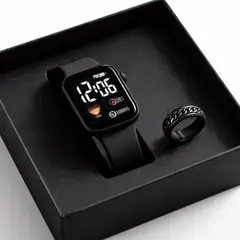 GENERICO - RELOJ DE CUARZO NEGRO ELEGANTE + ANILLO