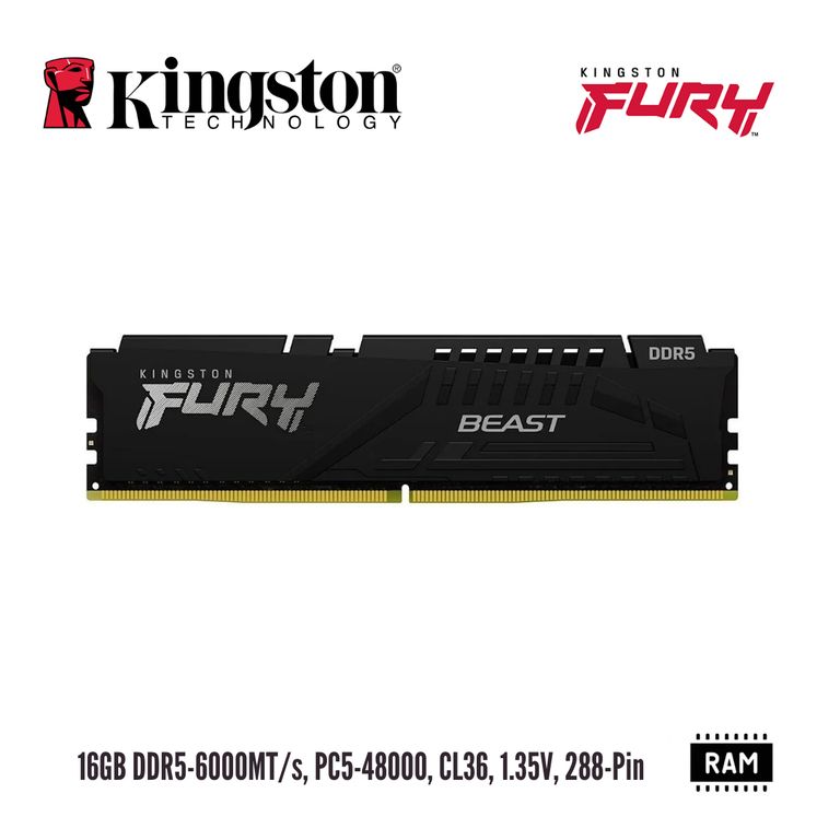 MEMORIA FURY BEAST 16GB DDR5-6000MT-S PC5-48000 CL36 1.35V 288-PIN KF560C36BBE2-16