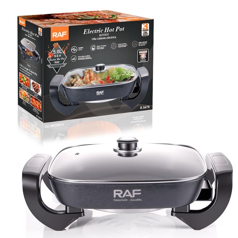 Olla Sarten Eléctrica Multifuncional RAF 5L 1000W AntiadherenteTapa de Vidrio