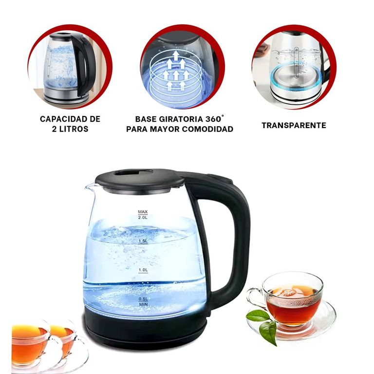 Hervidor Eléctrico de Vidrio 2 Litros con Base Giratoria 360° y Apagado Automático