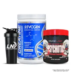 EVOGEN - Creatina 300 g - Creatina Micronizada y Monohidratada + Psychotic Rojo 30 Serv Grape + Shaker