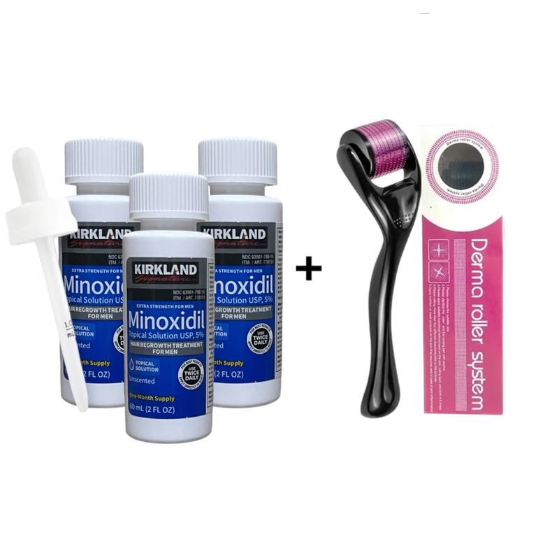 3 Minoxidil Liquido 5% + 1 Dermaroller System 0.5mm Incluye Gotero