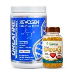 EVOGEN - Creatina 300 g - Creatina Monohidratada y Micronizada + Omega 3 Herbalmax 1400 mg - 100 cap
