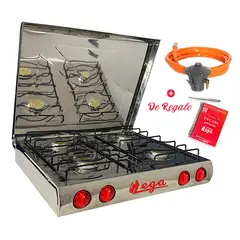 GENERICO - Cocina 4 Hornillas GRANDE a Gas de Acero Inox + KIT REGULADOR