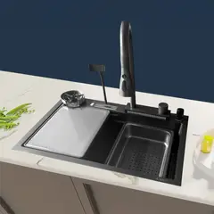 FRATELLI - Lavadero Multifuncional de Acero Inoxidable Nano Black CMezc + Lava vasos 68X45X23Cm -