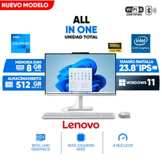 LENOVO - All in One A100, 23.8" Full HD IPS, Celeron N100z, 8GB DDR4, 512 GB SSD M.2