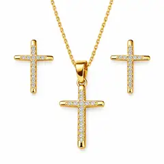 GENERICO - Set Collar y Aretes Cruz Dorada con Cristales para Mujer