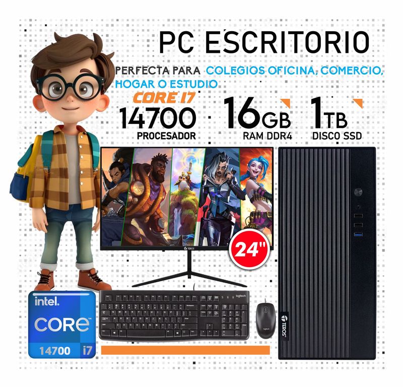 Computadora PC Core i7 14700 14VA GEN RAM 16GB SSD 1TB Monitor 24" FHD