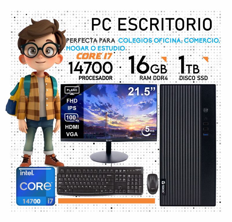 Computadora PC Core i7 14700 14VA GEN RAM 16GB SSD 1TB Monitor 22 FHD