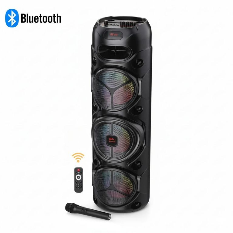 Parlante Bluetooth Luces LED de 60W con Triple Parlante de 8 + Micrófono + Control