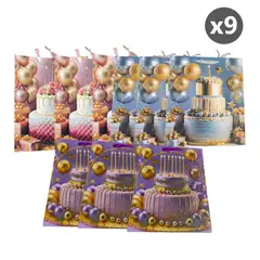 GENERICO - Pack x9 Bolsas de regalo de cumpleaños 39 cm - 3 diseños
