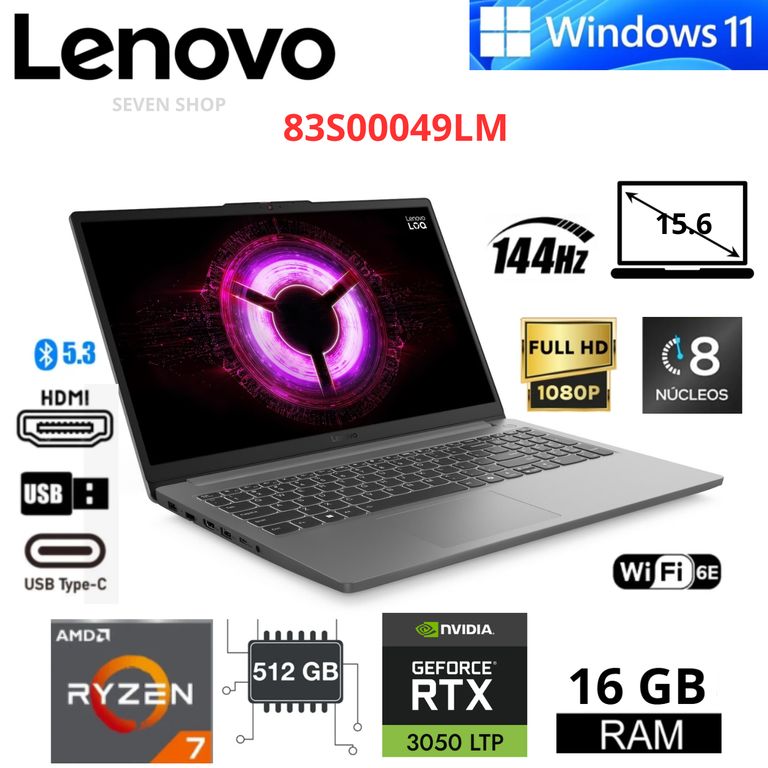 Laptop loq essential  15.6" FHD 144Hz Ryzen 7 7735HS 16GB RAM 512GB SSD RTX 3050 83S00049LM