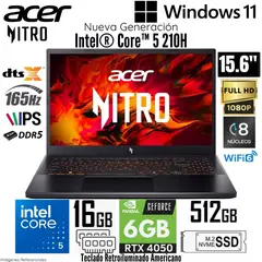 ACER - Laptop Nitro V15 ANV15-52-58P7 Intel Core 5 210H 16GB RAM 512GB RAM RTX 4050-6GB 15.6" FHD