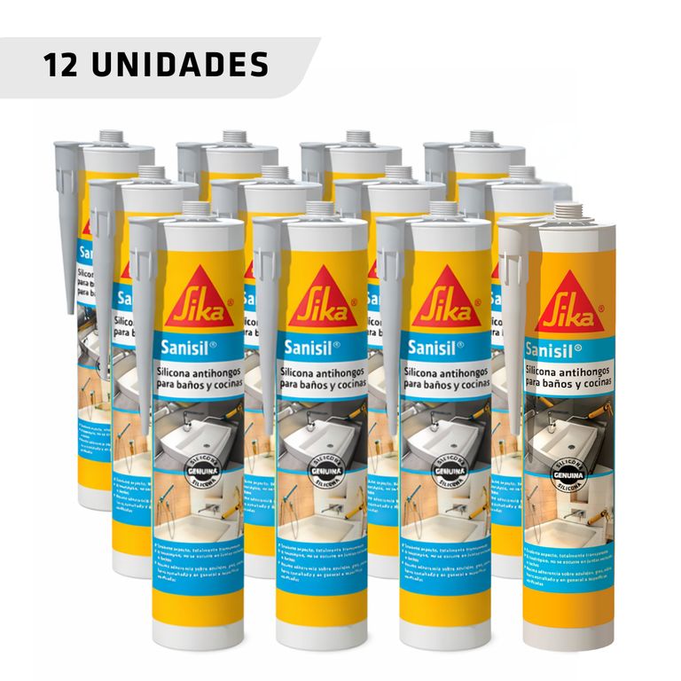 Pack 12 unidades Sanisil Transparente - Sellante de silicona multiuso para áreas sanitarias 280 ml