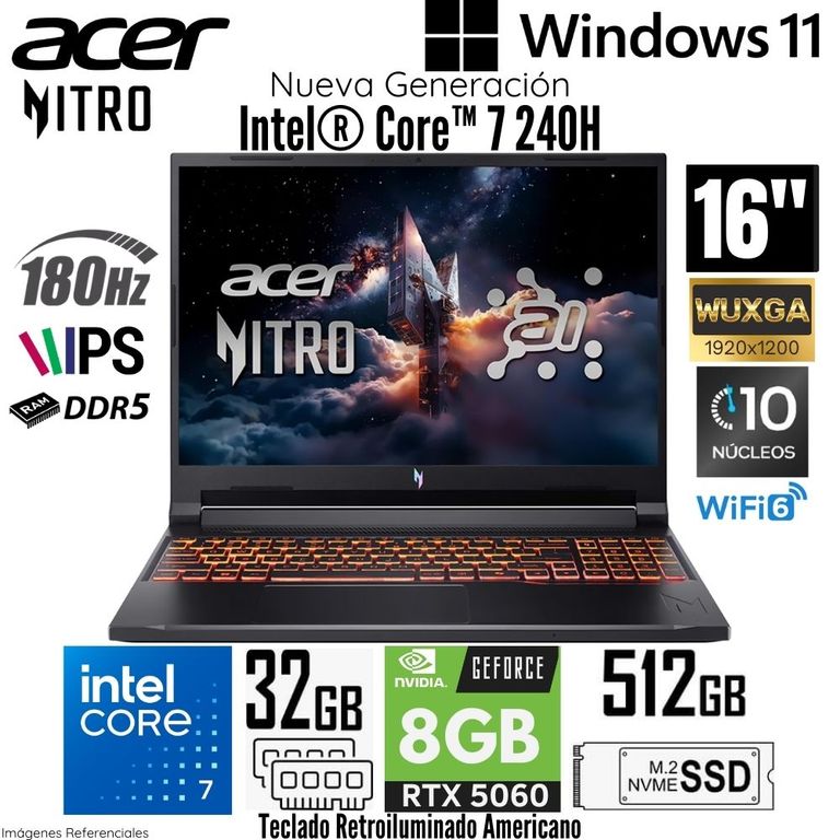 Laptop Nitro V 16 ANV16-72-7809 Intel Core 7 240H 32GB RAM 512GB SSD RTX 5060-8GB 16" WUXGA
