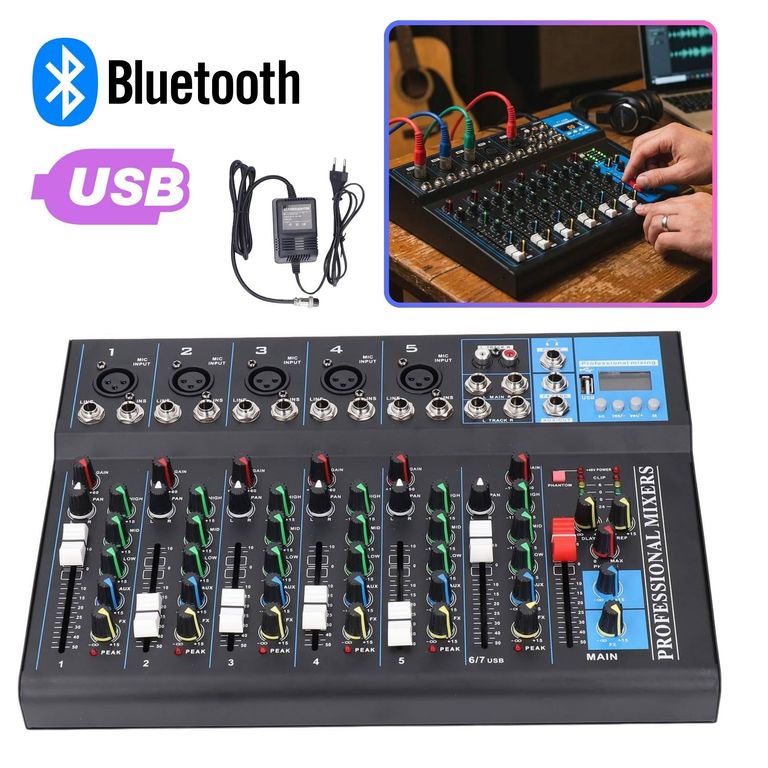 Consola Mezcladora De Audio Portátil 7 Canales Interfaz de Sonido USB y Bluetooth