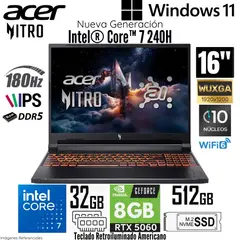 ACER - Laptop Nitro V 16 ANV16-72-7809 Intel Core 7 240H 32GB RAM 512GB SSD RTX 5060-8GB 16" WUXGA