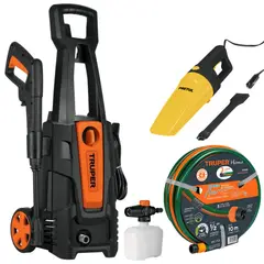 TRUPER - Combo hidrolavadora 1800PSI, Aspiradora 12V, manguera de 10m