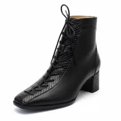 D' PODER - Botín Cuero Mujer Negro Taco 5 con Cordones Elegante EDEN NERA