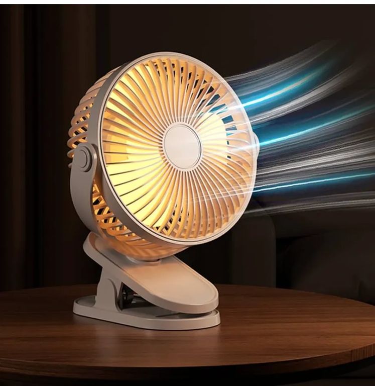 VENTILADOR PORTATIL 12CM DIAMETRO CON LUZ LED Y PINZA PARA COLGAR, CARGADOR USB