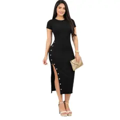 GENERICO - Vestido Broche Manga Corta Rib Grueso Algodon Tic-23 Color Negro