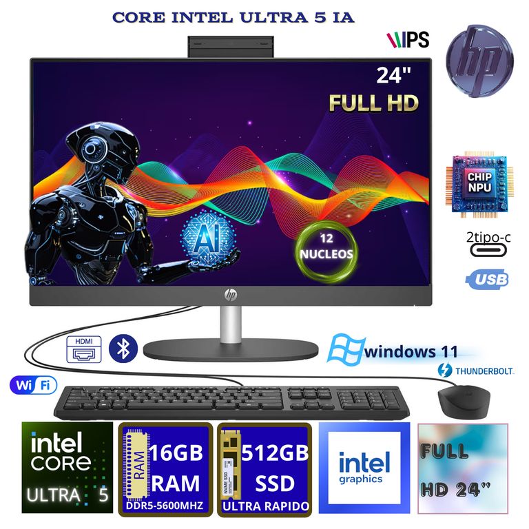 ProOne 240 G10 AIO FHD IPS Intel Core Ultra 5-125U 16GB DDR5 SSD 512GB Windows 11 Cámara 5MP