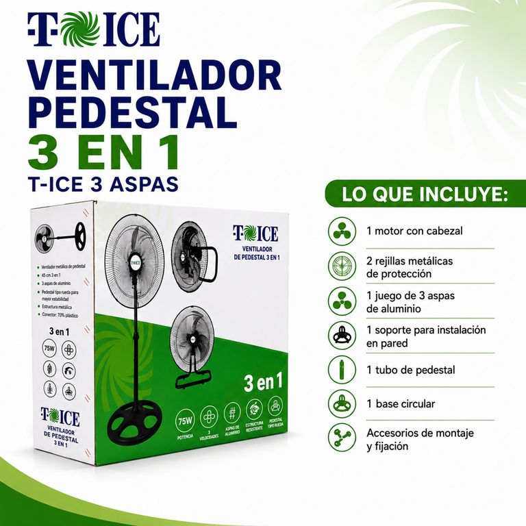 Ventilador Pedestal 3 en 1 T-ICE 75 watts de 3 aspas