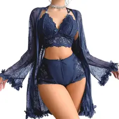 GENERICO - CONJUNTO PIJAMA 3 PIEZAS MUJER LENCERÍA DE ENCAJE ROPA DE DORMIR SEXY