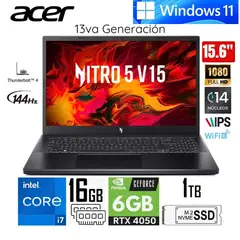ACER - Laptop Gamer Nitro V ANV15-51-78MW Intel Core i7-13620H 16GB RAM 512GB SSD RTX 4060 8GB