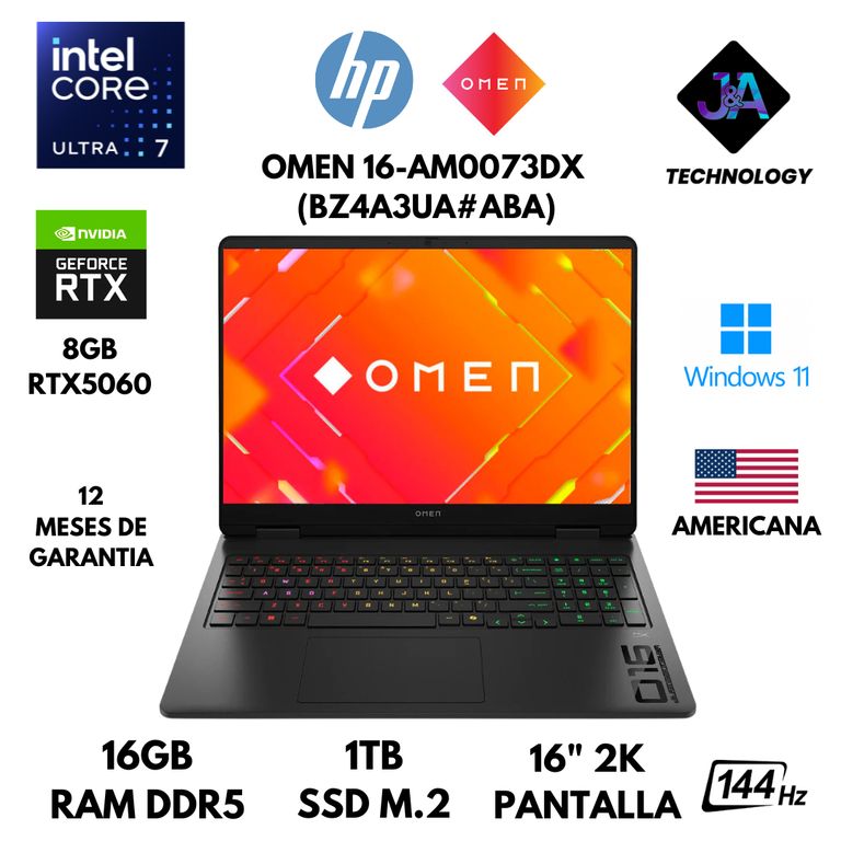 LAPTOP OMEN 16-AM0073DX ULTRA 7 255H 16GB RAM DDR5 1TB SSD 8GB RTX5060 16" WUXGA WIN 11 AMERICANA