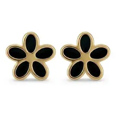 GENERICO - Aretes Pegados Niña Flor Negro Reversible Acero Dorado