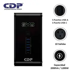 CDP - UPS R-SMART 2010I 2000VA / 1200W / 10 SALIDAS / 5 PORT USB-A / 1 PORT USB-C BLACK (R-SMART2010I)