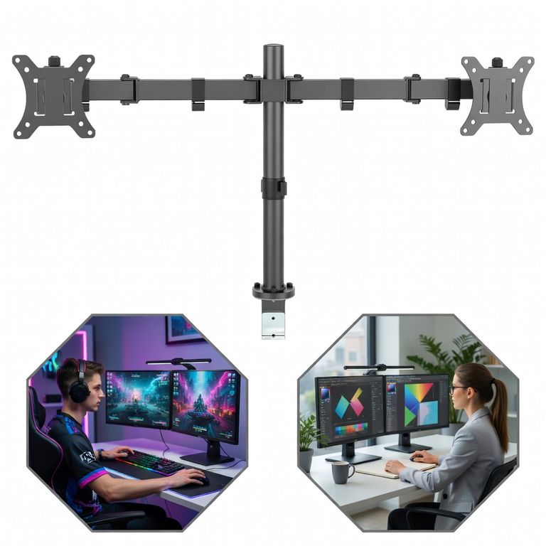 Rack para Doble Monitor Giratorio y Ajustable - Soporte Ergonómico para 2 Pantallas