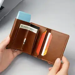 GENERICO - Billetera Tarjetera con Botón Pop-Up y Protección RFID - Diseño Slim de Aluminio y Cuero Café